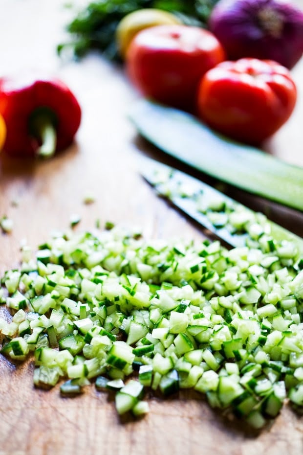 Ingredeint in israeli salad: finely chopped veggies. 