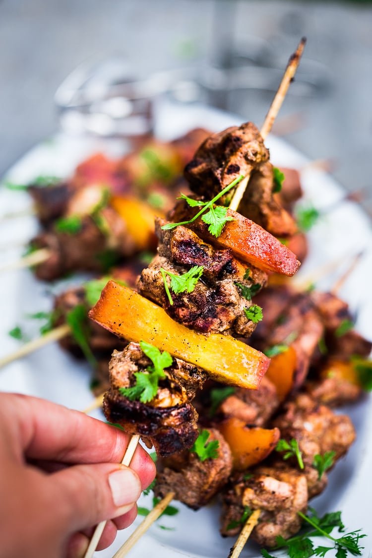 Grilled Jamaican Jerk Chicken and Peach Skewers, a delicious summertime meal. #peaches #jerkchicken #chickenskewers #peach