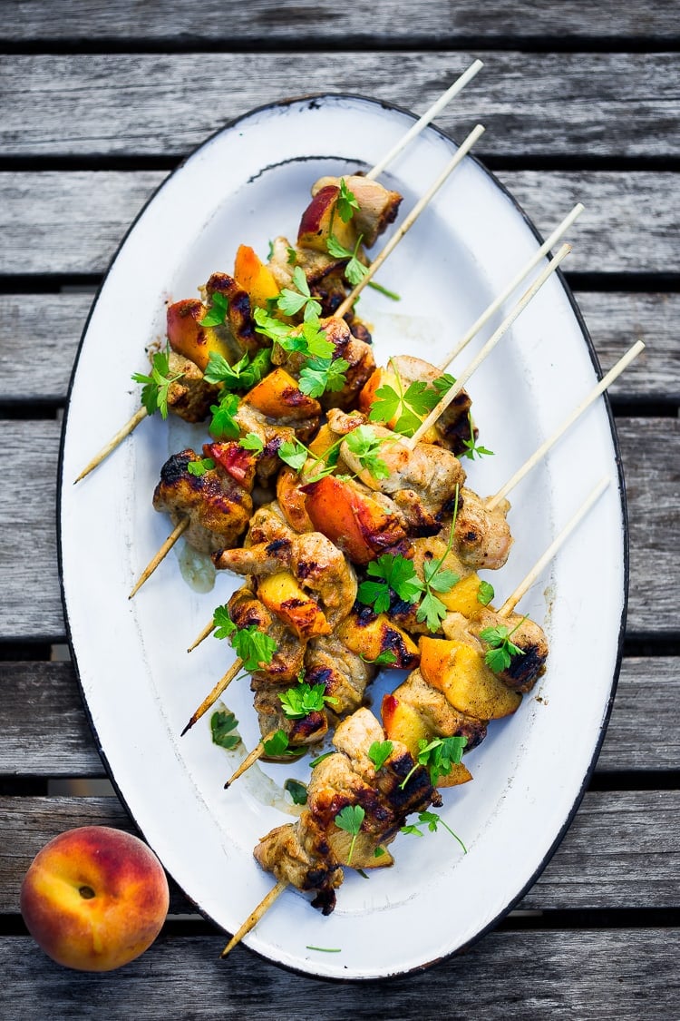 Grilled Jamaican Jerk Chicken and Peach Skewers, a delicious summertime meal. #peaches #jerkchicken #chickenskewers #peach