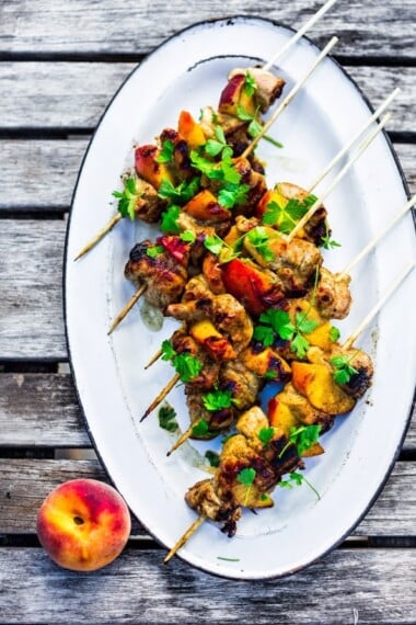 Grilled Jerk Chicken and Peach Skewers | www.feastingathome.com