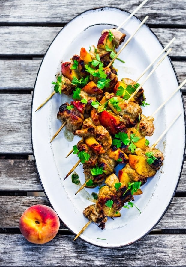 Grilled Jerk Chicken and Peach Skewers | www.feastingathome.com