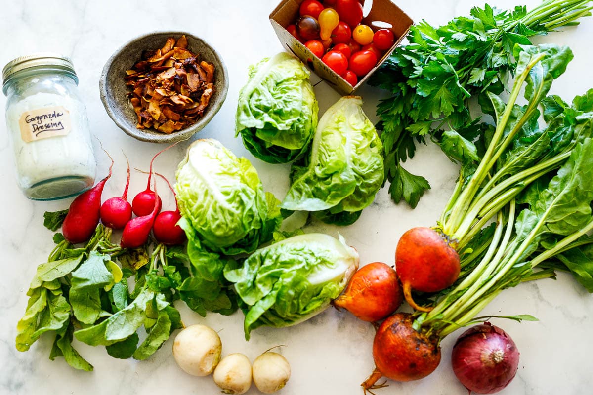 ingredients in a wedge salad laying on the counter