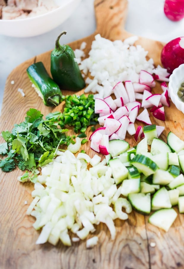 Mexican Tuna Salad Tacos with radish, cucumber, cilantro and jalapeño, a quick, healthy 5 minute meal! | www.feastingathome.com