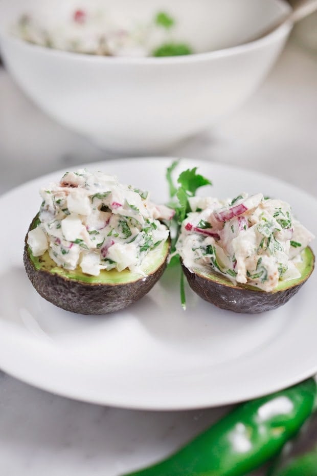 Picante Tuna Salad Tacos with cilantro, jalapeño, radish, cucumber and avocados...a healthy fast, 10 minute lunch that is full of protein and flavor! 