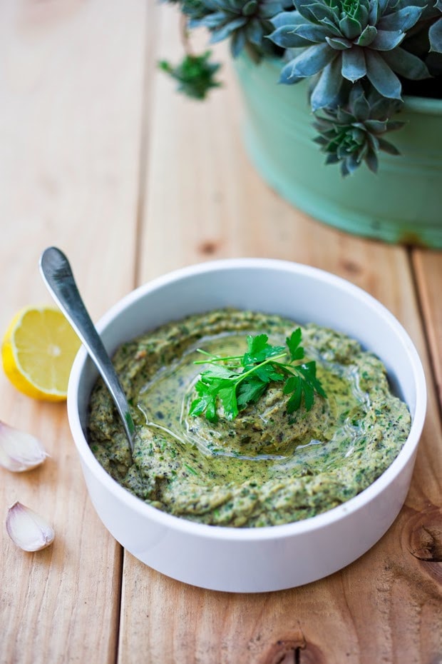 A simple delicious recipe for Zucchini Hummus- a bean free alternative to hummus, similar to baba ganoush, but using zucchini instead of eggplant! Vegan and Gluten Free. 