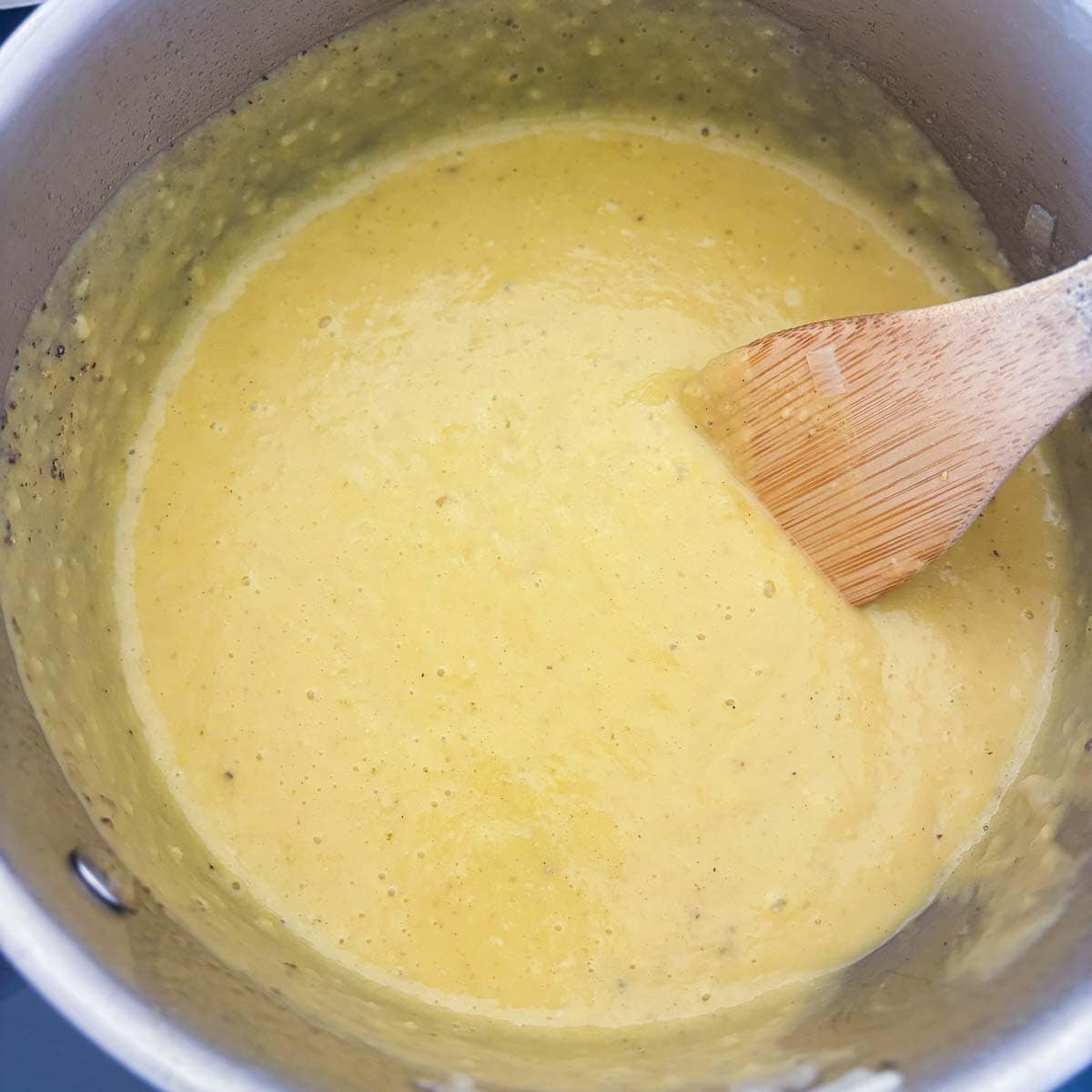 blended corn soup, back in the pot on the stove. 