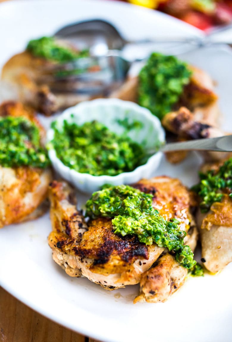 Grilled Chicken with Salsa Verde (an Italian herby caper sauce) - a simple easy weeknight meal perfect for supper on the patio! #grilledchicken #salsaverde #italianchicken