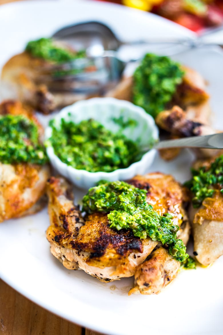 Grilled Chicken with Salsa Verde (an Italian herby caper sauce) - a simple easy weeknight meal perfect for supper on the patio! #grilledchicken #salsaverde #italianchicken 