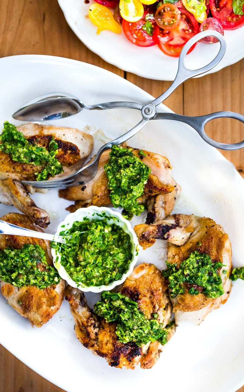 Grilled Chicken with Salsa Verde (an Italian herby caper sauce) - a simple easy weeknight meal perfect for supper on the patio! #grilledchicken #salsaverde #italianchicken 