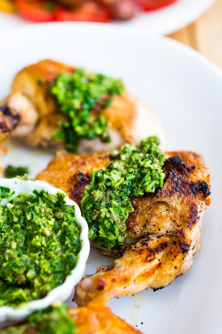 Grilled Chicken with Salsa Verde (an Italian herby caper sauce) - a simple easy weeknight meal perfect for supper on the patio! #grilledchicken #salsaverde #italianchicken 