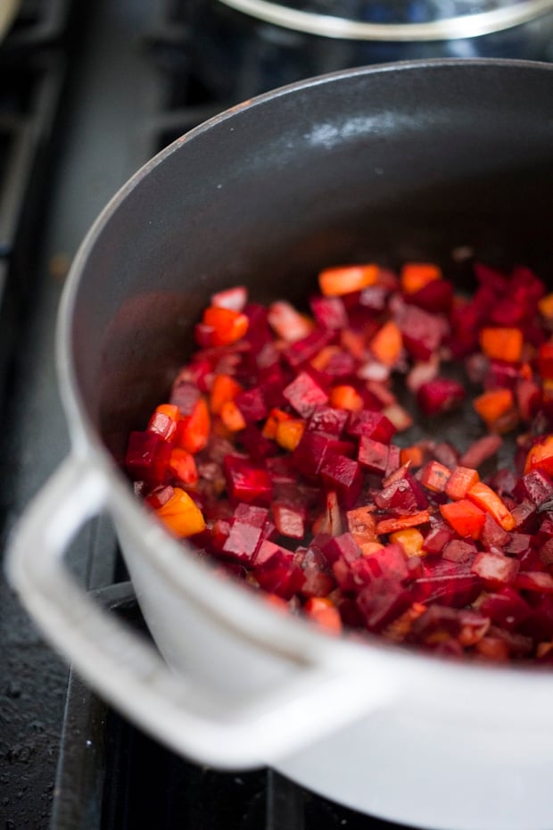 Lentils and Beet Soup - a healthy vegan stew or soup, that can be served on its own, or as a side dish to fish, chicken or meat. Vegan and Gluten free!  #lentilsoup #veganlentilsoup #beets #lentilsandbeets #glutenfree #vegan #lentilsouprecipe 
