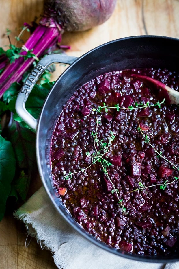 Braised Lentils and Beets - a healthy vegan stew or soup, that can be served on its own, or as a side dish to fish, chicken or meat. Vegan and Gluten free!  #lentilsoup #veganlentilsoup #beets #lentilsandbeets #glutenfree #vegan #lentilsouprecipe 