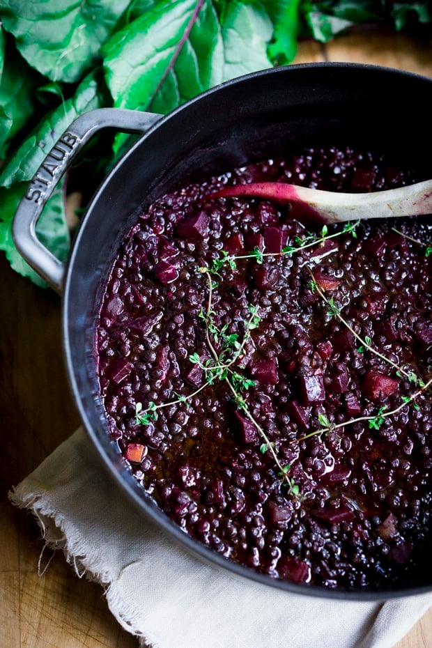 Lentils and Beet Soup - a healthy vegan stew or soup, that can be served on its own, or as a side dish to fish, chicken or meat. Vegan and Gluten free!  #lentilsoup #veganlentilsoup #beets #lentilsandbeets #glutenfree #vegan #lentilsouprecipe 