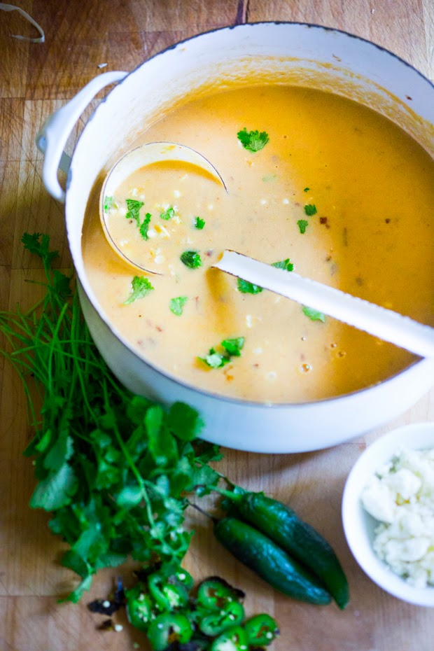 Sweet Corn Soup with Charred Jalapeño, fresh cilantro and queso fresco cheese. Simple and delicious! | www.feastingathome.com