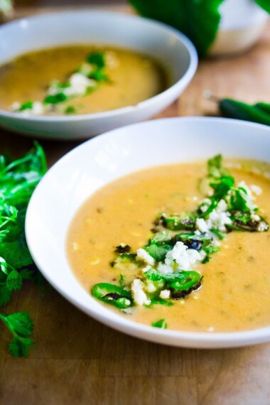 Sweet Corn Soup with Charred Jalapeño, Cilantro & Queso Fresco | www.feastingathome.com