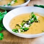 Sweet Corn Soup with Charred Jalapeño, fresh cilantro and queso fresco cheese. Simple and delicious! | www.feastingathome.com
