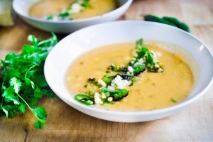 Sweet Corn Soup with Charred Jalapeño, fresh cilantro and queso fresco cheese. Simple and delicious! | www.feastingathome.com