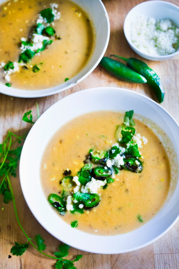 Sweet Corn Soup with Charred Jalapeño, fresh cilantro and queso fresco cheese. Simple and delicious! | www.feastingathome.com