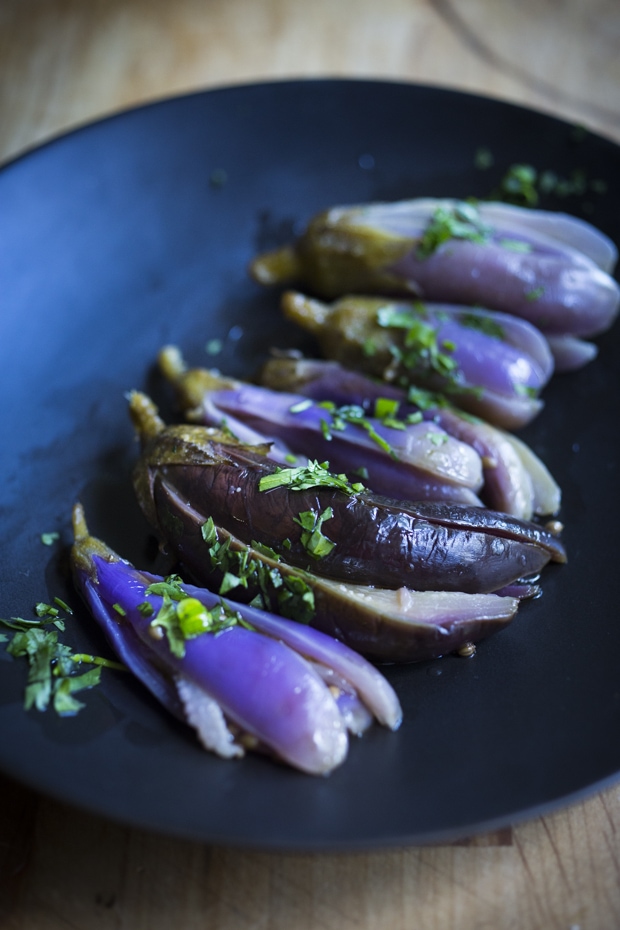 Moroccan Eggplant Pickles with garlic, coriander seeds and cilantro. A delicious way to preserve your garden eggplant just a little bit longer! Drizzle with olive oil and sprinkle with fresh herbs, they make the perfect side to any Mediterranean-style meal. | www.feastingathome.com.com #pickledeggplant #eggplantpickles #moroccaneggplant #eggplantsalad #eggplantrecipe #pickles #pickledveggies