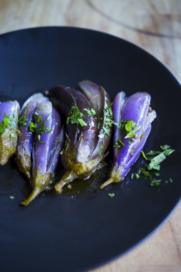 Moroccan pickled eggplant with garlic, coriander and cilantro. Drizzled with olive oil they make the perfect addition to any meal. | www.feastingathome.com.com