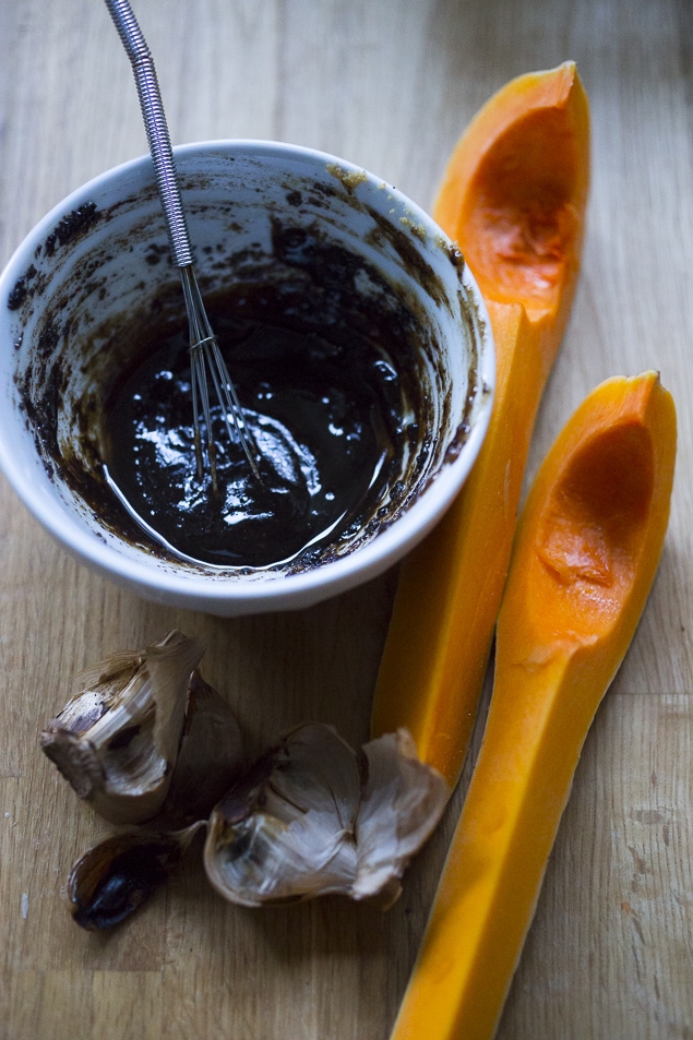 Savory roasted butternut squash with black garlic and miso paste...a delicious and easy fall side dish, this recipe is vegan and gluten free.