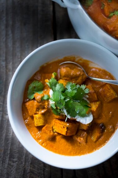 A flavorful recipe for Butternut Tikka Masala that can be made with chickpeas or chicken. Vegan-adaptable. A delicious vegetarian dinner recipe!