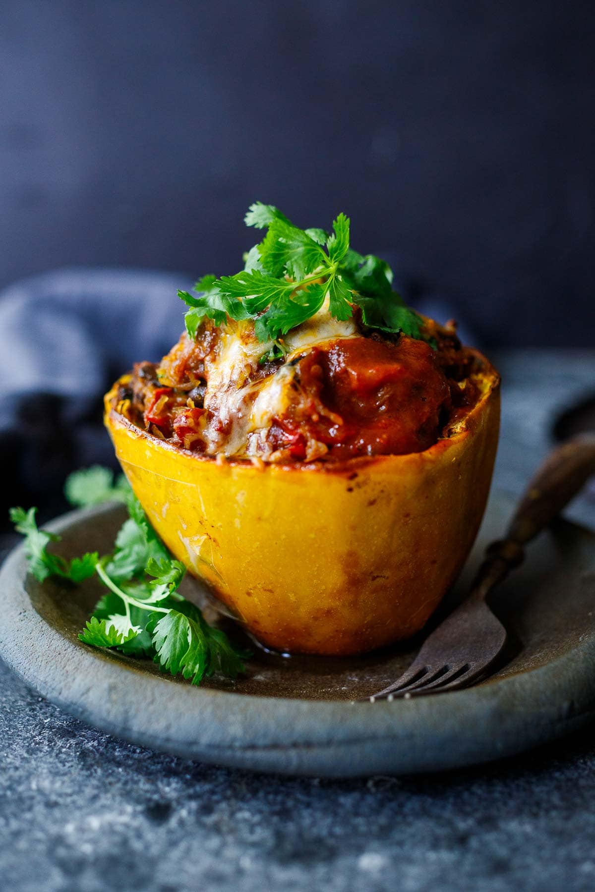 A delicious vegetarian recipe for Stuffed Spaghetti Squash with a Mexican twist. Black beans, corn, bell pepper, onion and cilantro, enchilada sauce and melty cheese give this spaghetti squash recipe the best flavor. Low-carb and vegan-adaptable!