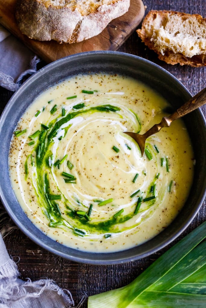 This simple healthy recipe for Potato Leek Soup is deceiving flavorful. A nourishing, soul-satisfying meal in under 30 minutes, made with simple ingredients. Vegan adaptable. With a video!