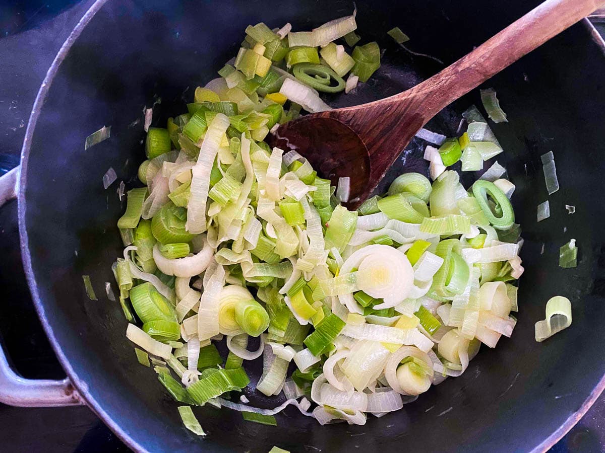 sautéing leeks for potato leek soup