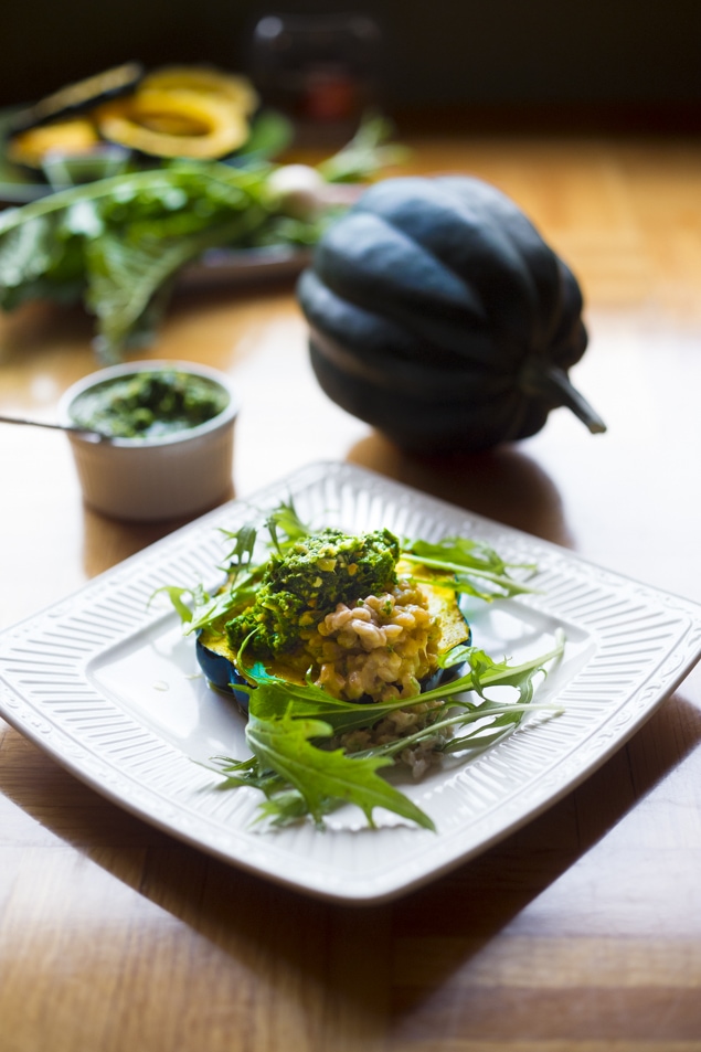 Farro Risotto with roasted acorn squash and Radish Top Pesto- a delicious vegetarian main course, perfect for fall! #farrorisotto #farro #vegetariandinner #fallrecipes