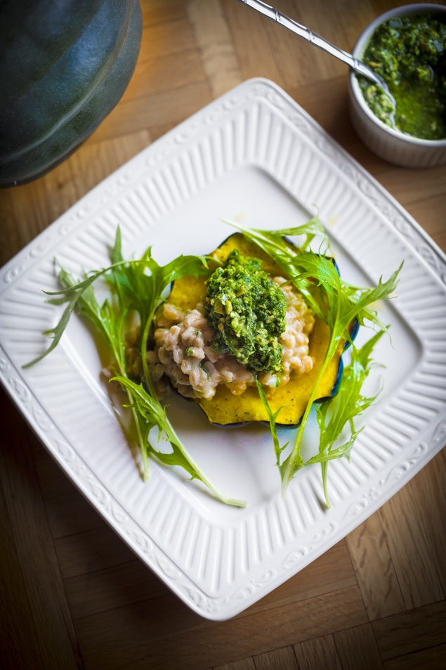 Farro Risotto with roasted acorn squash and Radish Top Pesto- a delicious vegetarian main course, perfect for fall! #farrorisotto #farro #vegetariandinner #fallrecipes