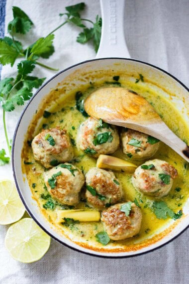 These turkey meatballs are simmered in a fragrant coconut milk sauce with warm spices and fresh lime. An easy, flavorful dinner with Thai-inspired flair. Video. Low carb, keto-adaptable.