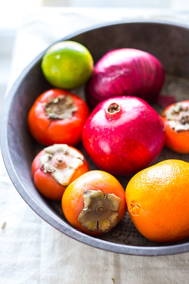 Persimmon, pomegranate and shaved fennel salad with honey citrus dressing. vegan, gf | www.feastingathome.com