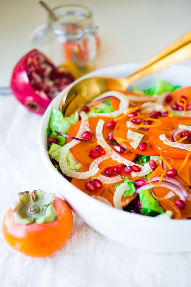 Persimmon, pomegranate and shaved fennel salad with honey citrus dressing. vegan, gf | www.feastingathome.com