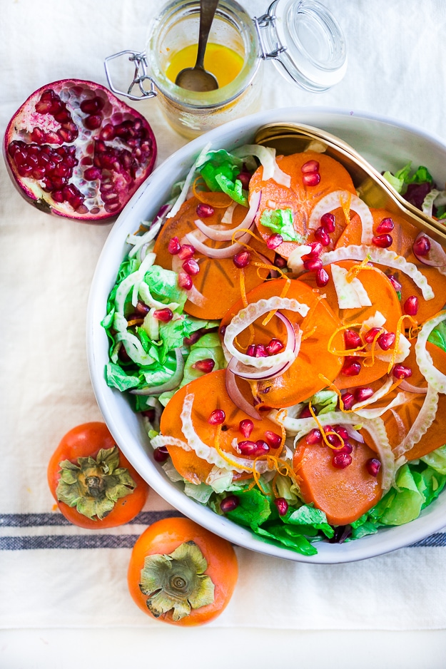 A bright and cheery Persimmon Salad with fennel, pomegranate, butter lettuce and citrus vinaigrette.