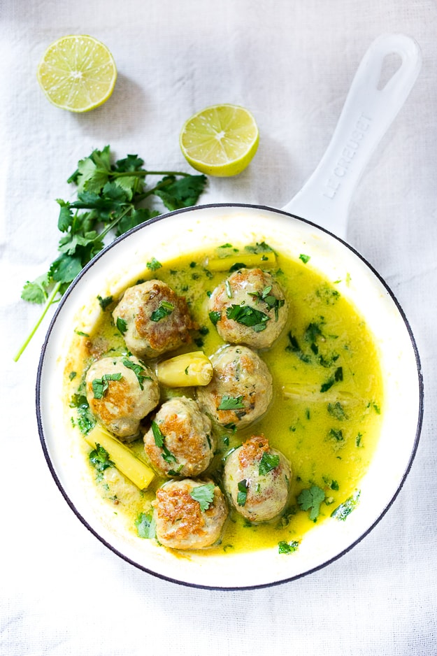 A delicious recipe for Thai Turkey Meatballs in fragrant Coconut Lemongrass Sauce, serve with steamed rice. for a healthy flavorful meal. 