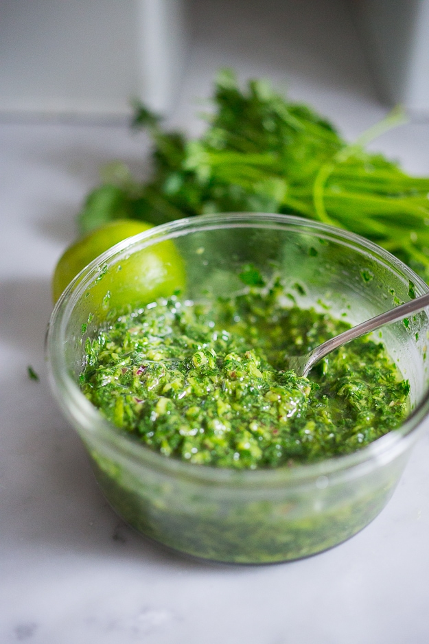 Simple Chimichurri Shrimp - a fast, healthy and flavorful recipe that can be turned into dinner, served over rice or cauliflower rice, or served up as an easy appetizer! Paleo, Gluten-free and full of amazing flavor! | www.feastingathome.com #chimichurri #shrimp #chimichurrisauce #paleo #glutenfree #keto