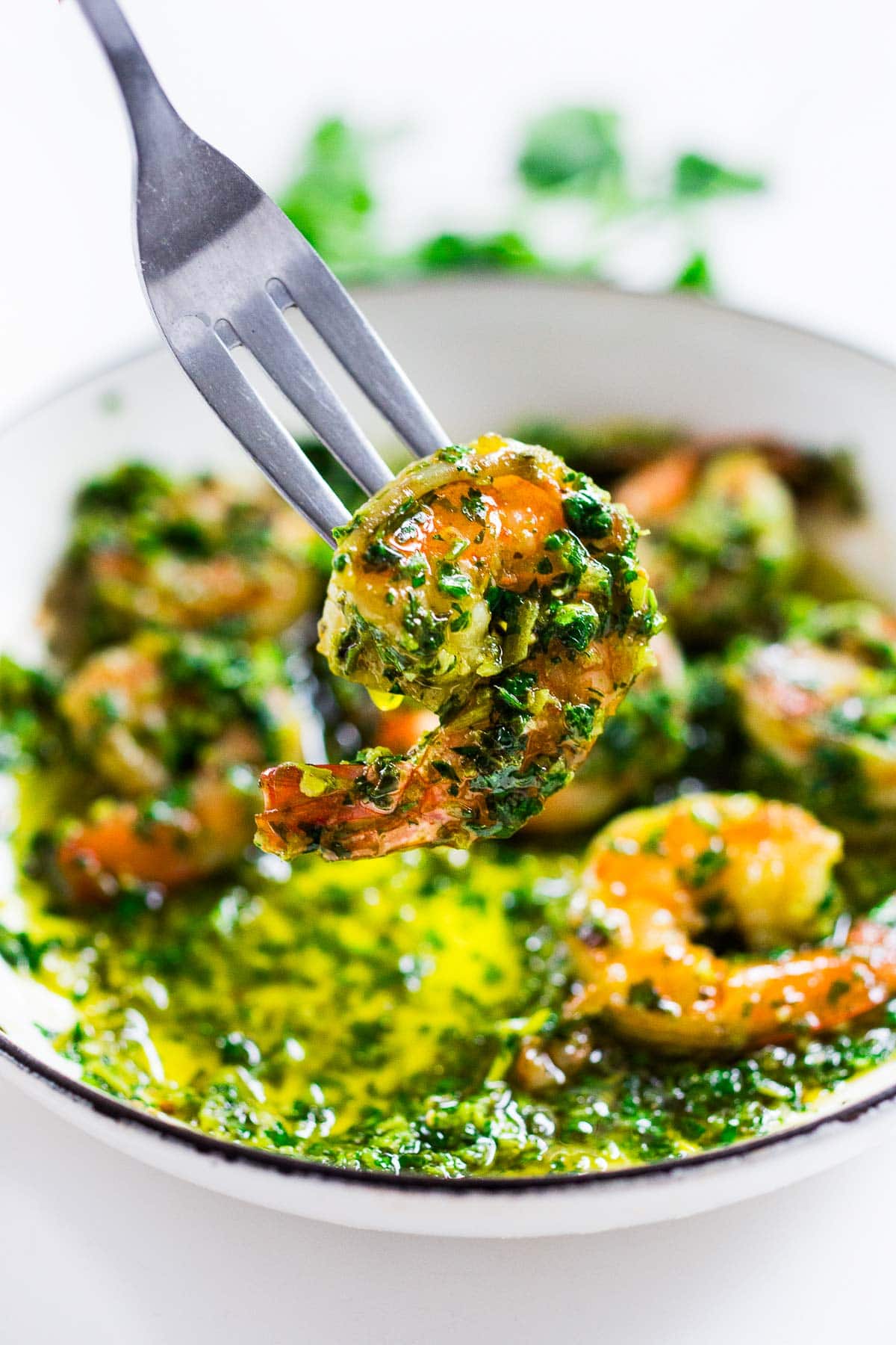 chimichurri shrimp on a fork.