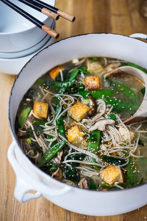 Soba Noodle Soup with Shiitake mushrooms, snow peas and tofu. A hearty, delicious brothy soup,  full of healthy veggies and nutrients. Vegan and GF adaptable! 