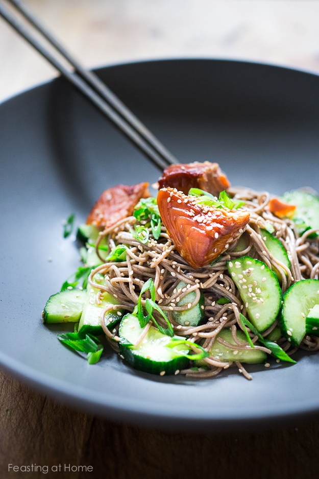  Soba Noodle Salad with Tofu or Smoked Salmon, scallions and cucumber...a simple healthy meal! | www.feastingathome.com