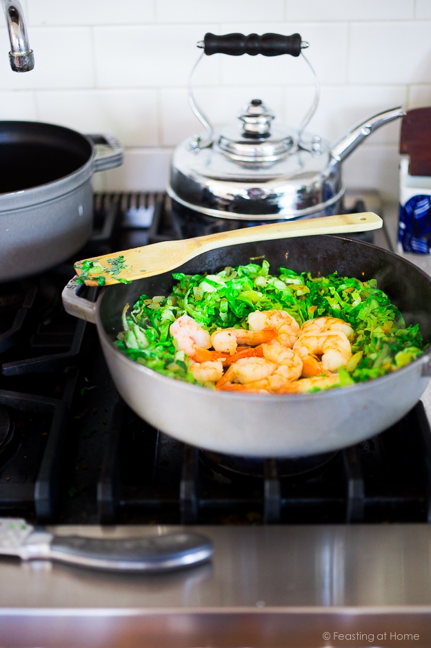 Brussel Sprout Hash with Shrimp and Furikake -a quick and healthy Japanese-inspired stir fry that can be made in under 30 minutes, a delicious weeknight dinner! Gluten-free, Low carb, Paleo! #brusselsprouts #shrimp #keto #paleo #lowcarb #stirfry #weeknightdinner #brusselsprouthash #japanese