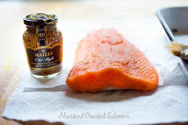 3 Ingredient Mustard Crusted Salmon- make in 15 mins! |www.feastingathome.com