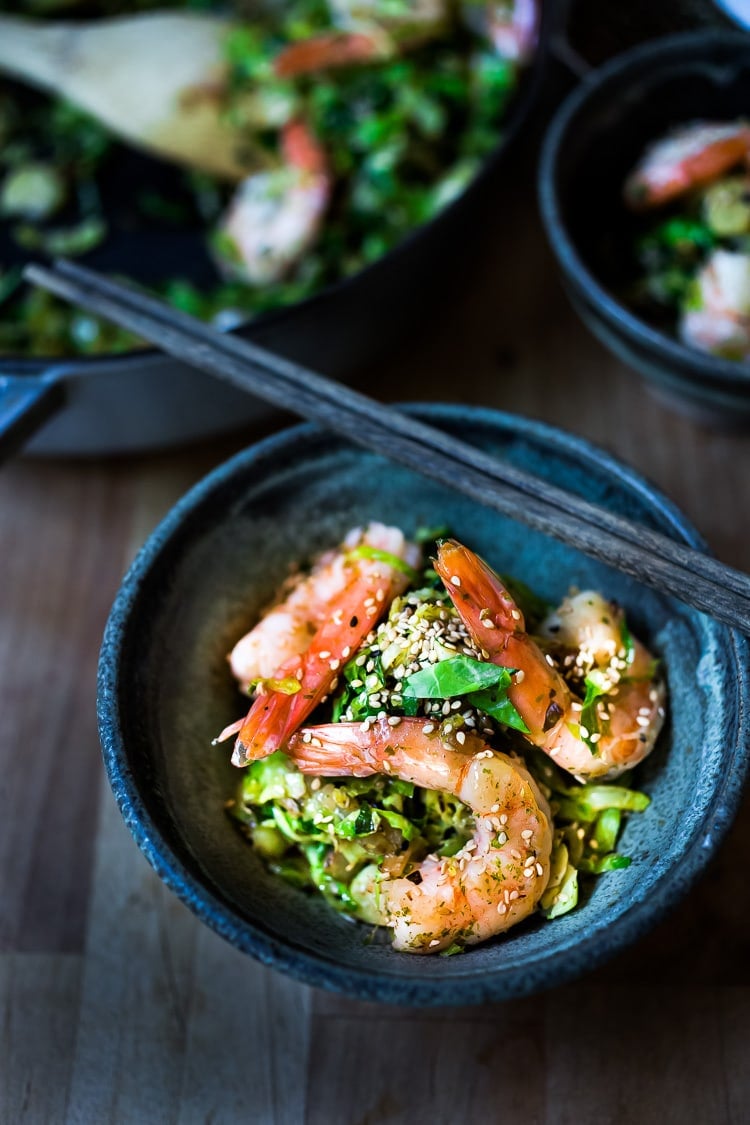 Brussel Sprout Hash with Shrimp and Furikake -a quick and healthy Japanese-inspired stir fry that can be made in under 30 minutes, a delicious weeknight dinner! Gluten-free, Low carb, Paleo! #brusselsprouts #shrimp #keto #paleo #lowcarb #stirfry #weeknightdinner #brusselsprouthash #japanese