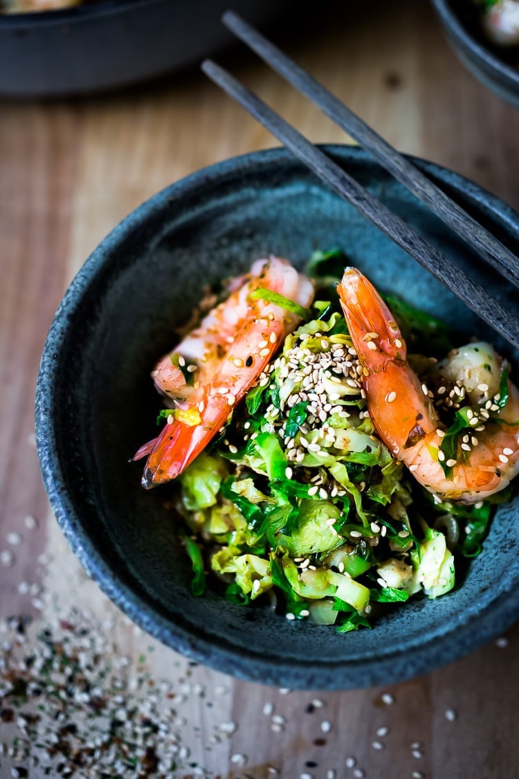 Brussel Sprout Hash with Shrimp and Furikake -a quick and healthy Japanese-inspired stir fry that can be made in under 30 minutes, a delicious weeknight dinner! Gluten-free, Low carb, Paleo! #brusselsprouts #shrimp #keto #paleo #lowcarb #stirfry #weeknightdinner #brusselsprouthash #japanese