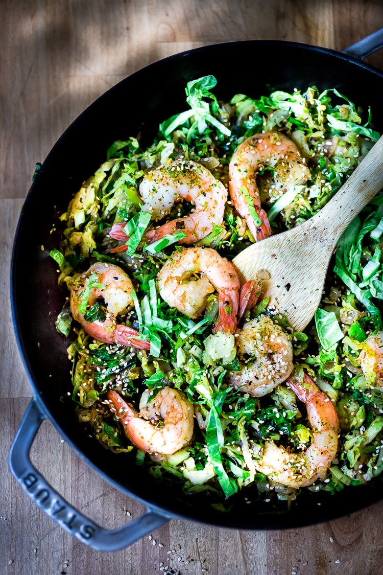 Brussel Sprout Hash with Shrimp and Furikake -a quick and healthy Japanese-inspired stir fry that can be made in under 30 minutes, a delicious weeknight dinner! Gluten-free, Low carb, Paleo! #brusselsprouts #shrimp #keto #paleo #lowcarb #stirfry #weeknightdinner #brusselsprouthash #japanese