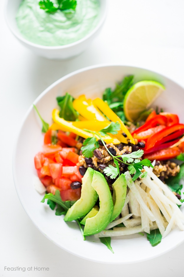 Veggie Burrito Bowl w/ creamy (vegan) cilantro sauce GF | www.feastingathome.com