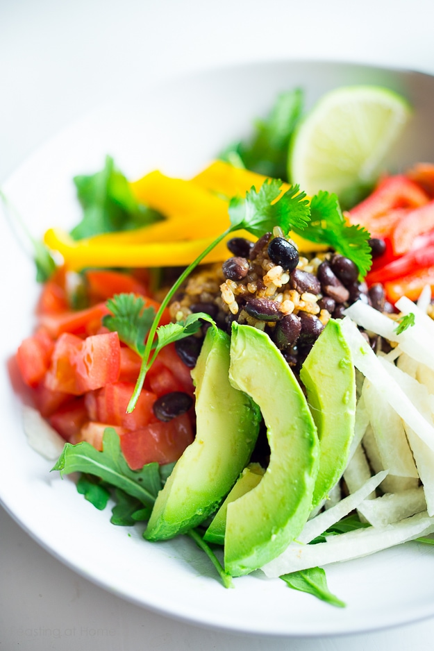 Veggie Burrito Bowl w/ creamy (vegan) cilantro sauce GF | www.feastingathome.com