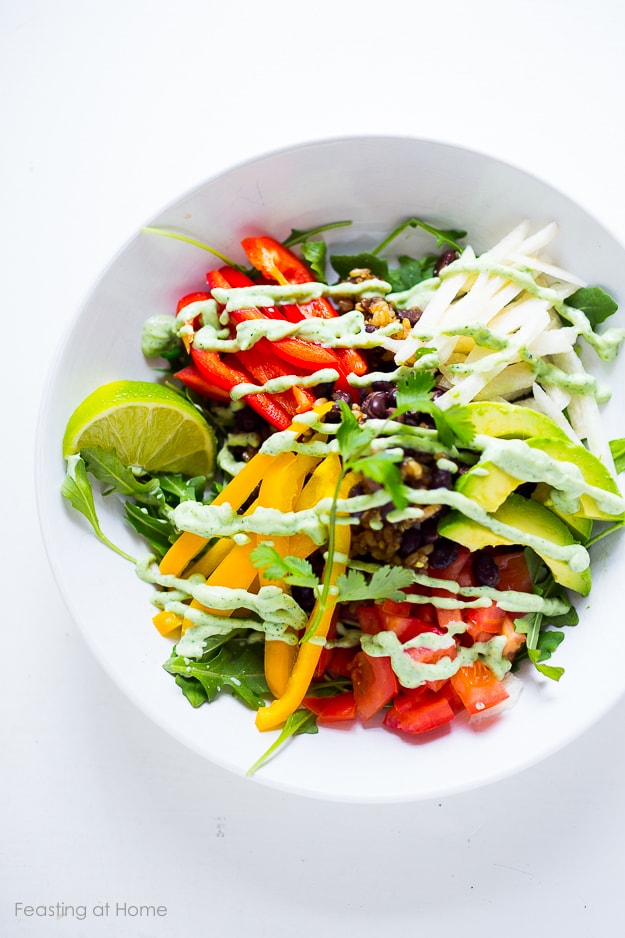 Veggie Burrito Bowl w/ creamy (vegan) cilantro sauce GF | www.feastingathome.com