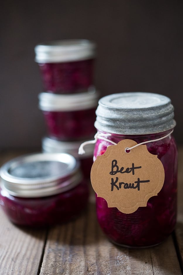 A simple, easy, small-batch recipe for Beet and Cabbage Sauerkraut that anyone can make using a mason jar, that takes only 20 minutes of hands-on time. Full of good healthy good bacteria that will energize the body and help heal the gut.   #fermentation #kraut #sauerkraut #beets #beetkraut