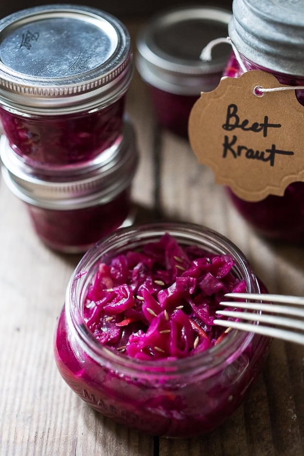 Beet and Cabbage Sauerkraut- an easy small batch recipe that can be made in a mason jar. | www.feastingathome.com